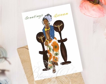 Greeting Card, Black Greeting Card, Black Girl Fashion Card, African American Greeting Card, 'Greetings Queen'