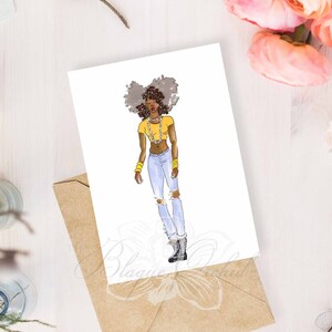 Tarjeta de felicitación, Tarjeta de felicitación negra, Tarjeta de moda de chica negra, Tarjeta de felicitación afroamericana, 'Princesa de amarillo'