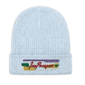 May include: A light blue knit beanie with a colorful embroidered logo that says "Too Prosper" in a pixelated style.