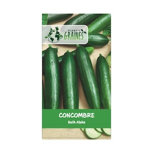 Peut inclure: Un paquet de graines de concombre avec l'inscription "CONCOMBRE Beth Alpha". Le paquet présente un logo de globe et de feuilles avec le mot "GRAINES". Plusieurs concombres verts sont visibles, entiers et coupés.