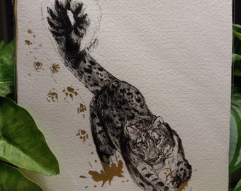 Paws of Gold original art, 5x7 ink and watercolor