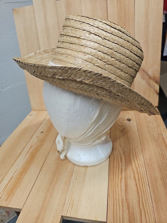 Vintage Tan Brown Straw Hat With Attached Gauzy Sc