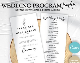 Minimalist Wedding Program Template, Printable Program for Wedding, Editable Wedding Program, Order of Ceremony, Order of Service Greenery