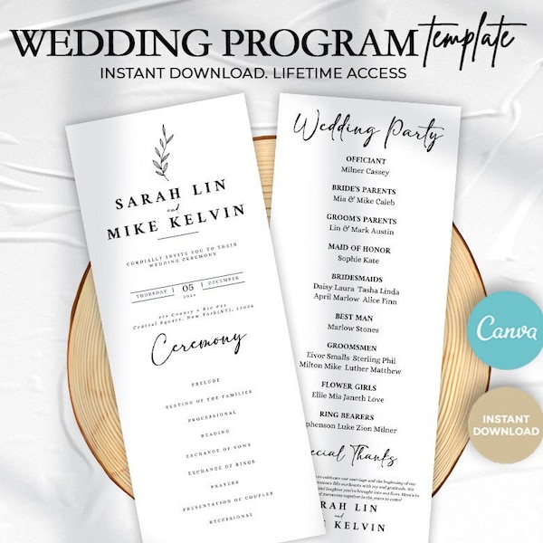 Minimalist Wedding Program Template, Printable Program for Wedding, Editable Wedding Program, Order of Ceremony, Order of Service Greenery