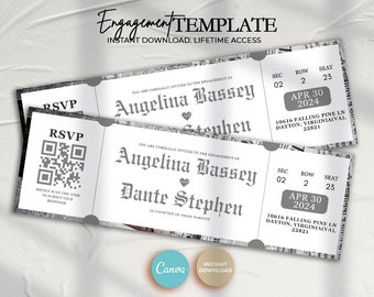 Editable Wedding Engagement Ticket, Vintage Wedding Template, Wedding invitation Template, Editable Engagement Template, DIY Canva Template