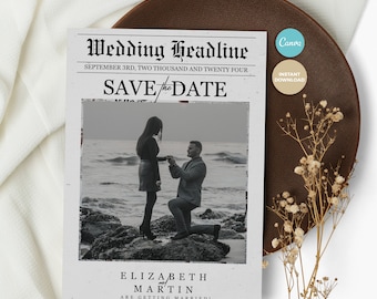 Vintage Save The Date Template, Elegant Save The Date, Minimalist Save The Date Template, Wedding Template, Newspaper Save The Date Template