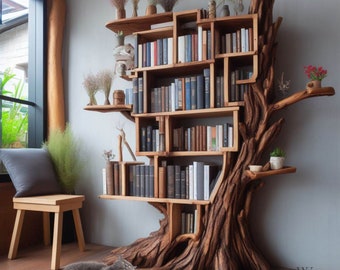 Mid-century bookshelf with a floating corner shelf made of tree branches and wall-mounted book shelves for home décor