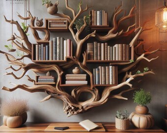 Solid wood carving floating bookshelf wall mount driftwood branch shelves on wall art tree book shelf decor