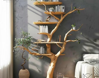 A solid wood live edge floating shelf with a tree branch standing as a corner shelf for rustic bookshelf decorating and home décor.