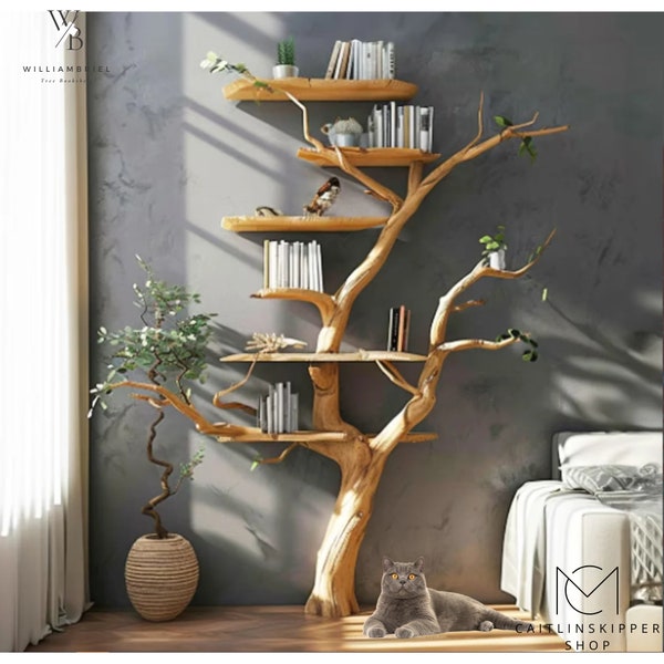 A solid wood live edge floating shelf with a tree branch standing as a corner shelf for rustic bookshelf decorating and home décor.