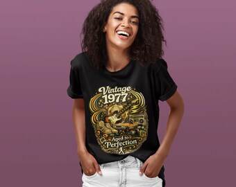 ヴィンテージ1977年製Tシャツ、レトロな70年代スタイルのコットンTシャツ、完璧なエイジング加工のアパレル