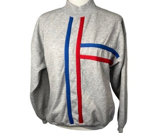 Vintage unisex heather gray crewneck sweatshirt with red and blue stripes