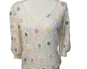 Women's Vintage Crochet 3/4 sleeve sweater with colorful flowers - L