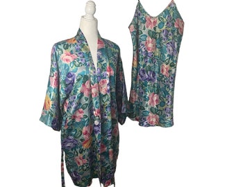 Vintage blue floral satin robe and nightgown set with tie belt and pocket