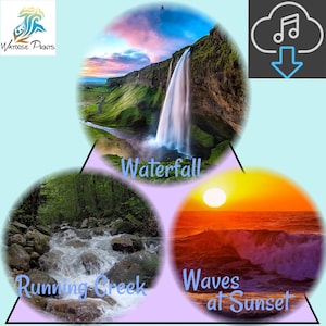 Könnte beinhalten: Drei Bilder von Naturszenen mit dem Text "Waterfall", "Running Creek" und "Waves at Sunset" unter jedem Bild. Eine Wolke mit einer Musiknote und einem Download-Pfeil befindet sich in der oberen rechten Ecke.