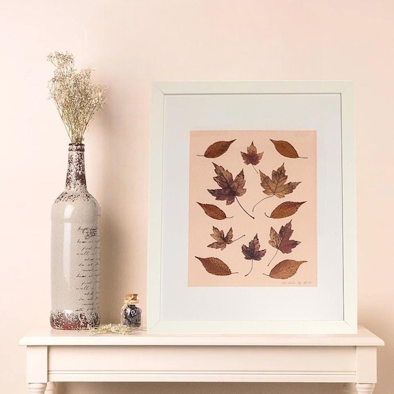 Framed Maple And Elm Leaves Of Fall. Pressed Real Leaves Art. Unique Decor Inspired By The Comfort Of Home And The Wonder Of The Nature.