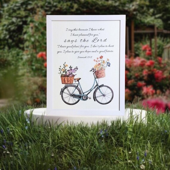 Christian Art For Your Home. Bible Verse Jeremiah 29:11. Florist Bike. Art Print On Pure Cotton Watercolor Paper. High Quality. Framed.
