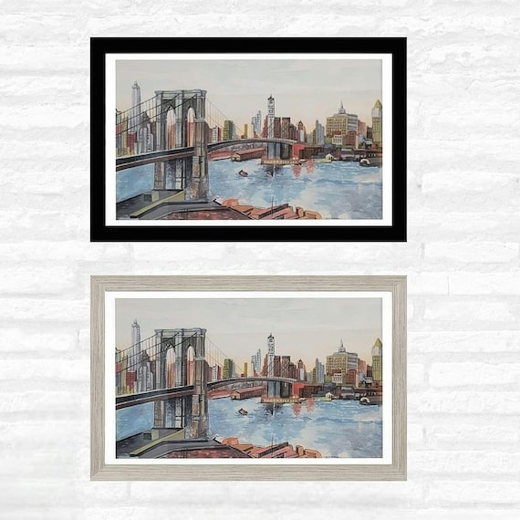 Brooklyn Bridge Framed Wall Art. New York Cityscape. Painting Printed on Pure Cotton Watercolor Paper. High Quality. Black or Gray Frame.