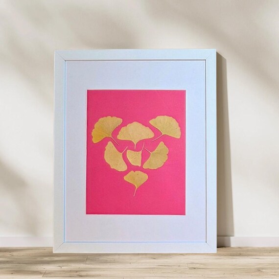 Fall Gold-Yellow Ginkgo Leaves On Pink Background Forming A Heart. Dried Pressed Real Leaves. Framed Nature Inspired Art For Adults or kids.