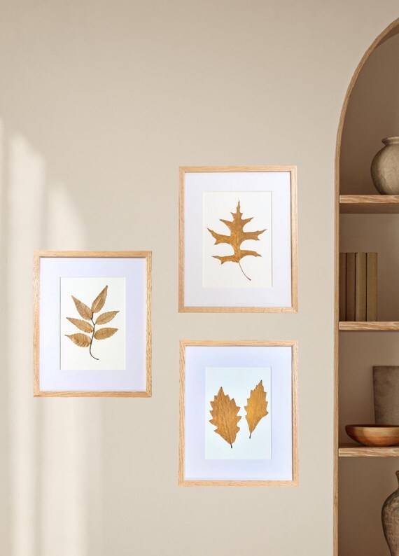 Golden Brown Ash Tree Branch and Oak. Dried Pressed Real Leaves. Framed Botanical Art. Fall Color. Simple Modern Rustic. Nature Inside.