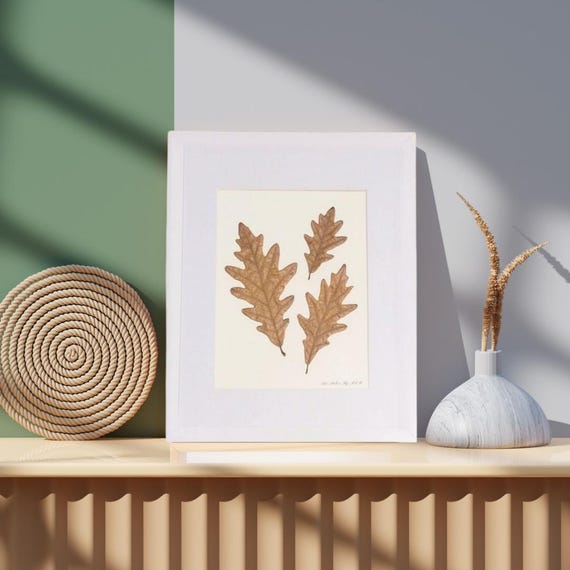 A White Frame Display Oak Leaves Of Fall. Dried Pressed Real Leaves. Nature Inspired Decor Into Your Home. Clean Modern Rustic Botanical Art