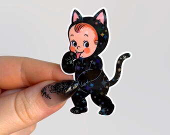 Holographic Baby Cat Halloween Sticker | Glitter Vinyl Sticker
