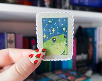 Frog Sticker | Frog Stamp Holographic Sticker | Cottagecore Kindle Sticker | Vinyl Glitter Sticker | Goblincore Sticker