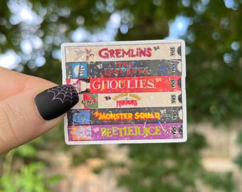 Pegatina VHS / Paquete de pegatinas holográficas de películas de terror de Halloween / Pegatina impermeable para portátil y Kindle / Pegatina nostálgica de vinilo con purpurina