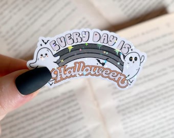 Pegatina de fantasma / Pegatina holográfica "Cada día es Halloween" / Pegatina resistente al agua para portátil y Kindle / Pegatina de vinilo con purpurina para Halloween