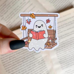 Book Sticker | Fall Leaves, Reading Ghost Holographic Cozy Sticker | Waterproof Laptop, Kindle Sticker | Vinyl Sticker | Bookish Gift