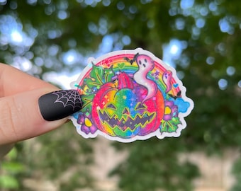 Halloween Sticker | Nostalgic 90s Halloween Rainbow Pumpkin Holographic Sticker | Waterproof Laptop, Kindle Sticker | Vinyl Glitter Sticker