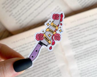 Pegatina espeluznante / Pegatina holográfica de cuchillo de adicto al crimen real / Pegatina impermeable para portátil y Kindle / Pegatina de vinilo con brillantina de Halloween