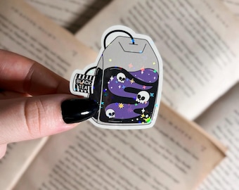 Pegatina de bolsita de té negro de Halloween / Pegatina de vinilo holográfica