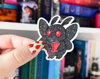 Mothman Sticker | Bookish Mothman Holographic Sticker | Cryptid Kindle Sticker | Vinyl Glitter Sticker | Mothman Reading Sticker