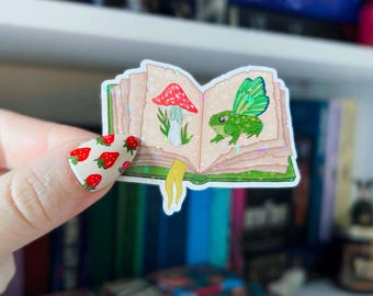 Book Sticker | Fairy Frog Mushroom Holographic Sticker | Cottagecore Kindle Sticker | Vinyl Glitter Sticker | Goblincore Reading Sticker