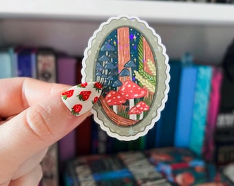 Mushroom Sticker | Mushroom Frame Holographic Sticker | Cottagecore Kindle Sticker | Vinyl Glitter Sticker | Goblincore Sticker
