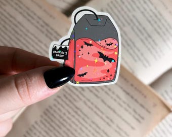 Pegatina de Halloween / Pegatina holográfica de bolsita de té de vampiro / Pegatina impermeable para portátil, pegatina de Kindle / Pegatina de vinilo / Regalo para amantes de los libros