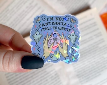 Pegatina espeluznante / Tablero de espíritus, pegatina holográfica "Hablo con fantasmas" / Pegatina impermeable para portátil, pegatina para Kindle / Pegatina de vinilo con brillantina de Halloween
