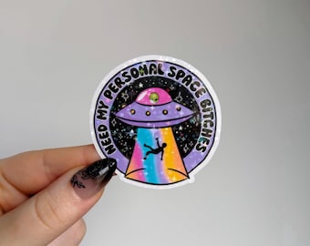Pegatina "Necesito mi espacio" / Divertida pegatina de vinilo con purpurina de ovni