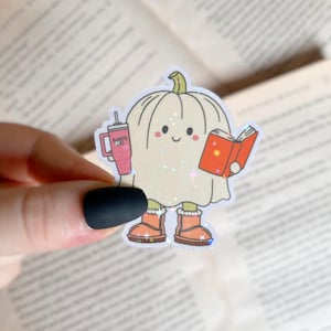 Book Sticker | Reading Pumpkin Ghost Holographic Cozy Sticker | Waterproof Laptop, Kindle Sticker | Vinyl Sticker | Bookish Gift