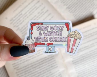 Pegatina espeluznante / Calcomanía holográfica para ver crímenes reales / Calcomanía impermeable para laptop y Kindle / Calcomanía de vinilo con brillantina para Halloween