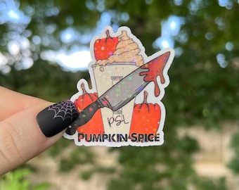 Pegatina de Halloween / Pegatina holográfica de cuchillo ensangrentado con especias de calabaza y café PSL / Pegatina impermeable para computadora portátil, pegatina para Kindle / Pegatina de vinilo con brillantina