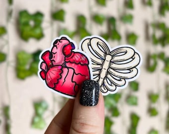 Valloween Sticker | Spooky Valentine Halloween Sticker, Heart and Ribs Holographic Sticker | Laptop, Kindle Sticker | Vinyl Glitter Sticker