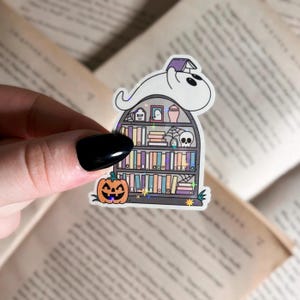 Bookish Halloween Sticker | Ghost Bookshelf Holographic Sticker | Waterproof Laptop, Kindle Sticker | Vinyl Sticker | Bookish Gift