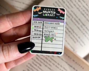 Pegatina de Halloween de los libros / Pegatina holográfica de la tarjeta de la biblioteca embrujada / Pegatina impermeable para portátil, pegatina de Kindle / Pegatina de vinilo / Regalo de los libros