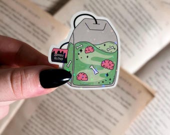 Pegatina de Halloween / Pegatina holográfica de bolsita de té con mezcla de zombis / Pegatina impermeable para portátil, pegatina de Kindle / Pegatina de vinilo / Regalo para amantes de los libros