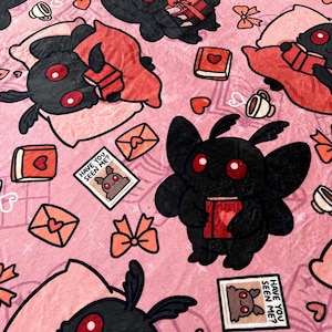 May include: Pink fabric with a repeating pattern of black moths with red eyes holding books, hearts, and the text "Have you seen me?"