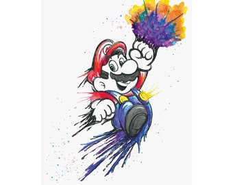 NGシーン イカ、水彩画アートプリント、マリオ ファンアート、NGシーン