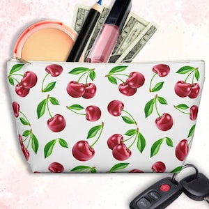 Cherry Makeup Bag, Designer Cute Makeup Bag, Travel Accessories, Cherry Print Cosmetic Pouch, Floral Zipper Clutch, Cherry Vibe