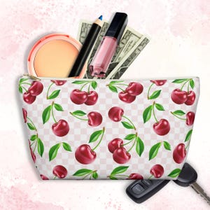 Cherry Makeup Bag, Designer Cute Makeup Bag, Travel Accessories, Cherry Vibe, Cherry Checkered Cosmetic Pouch, Floral Zipper Clutch
